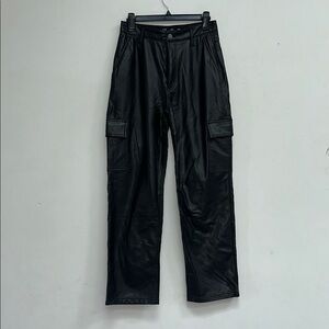 Black Faux Leather Cargo Pants